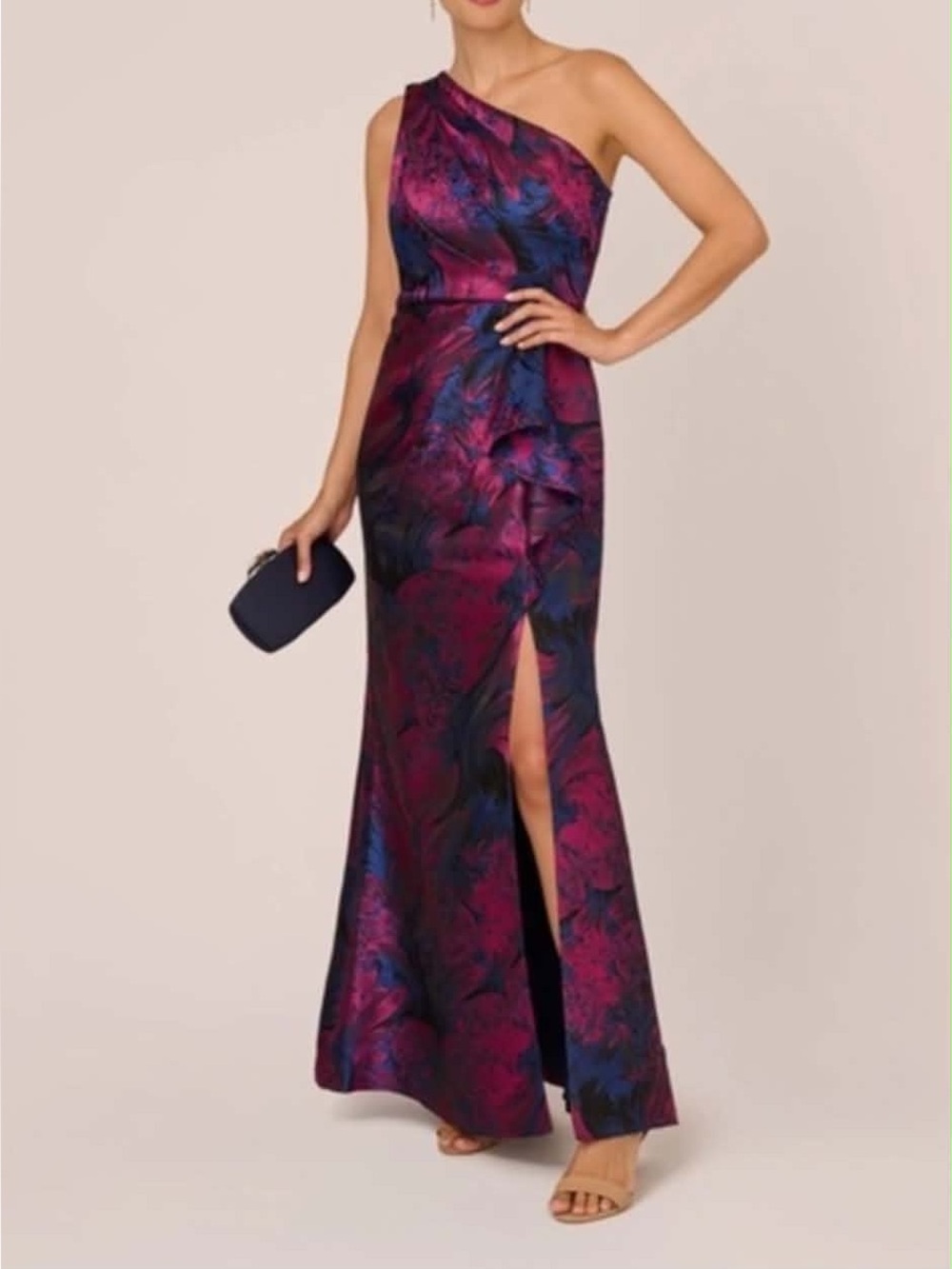 Adriana Papell One-Shoulder Floral Print formal Dress in Fuchsia and Navy